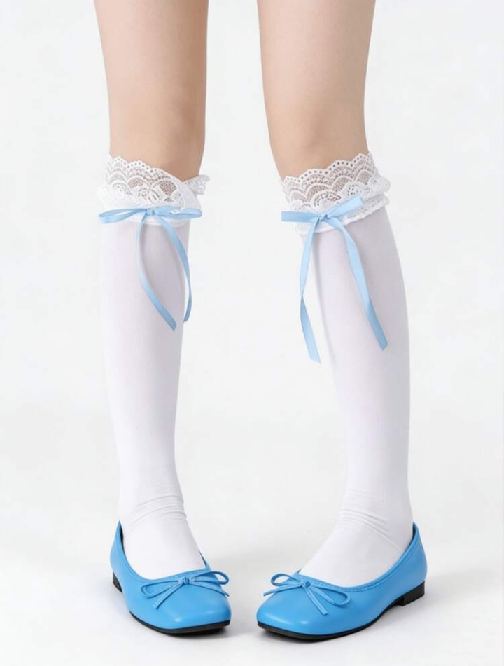 Women’s White Lace-Top Thigh-High Stockings with Pink Ribbon Bow